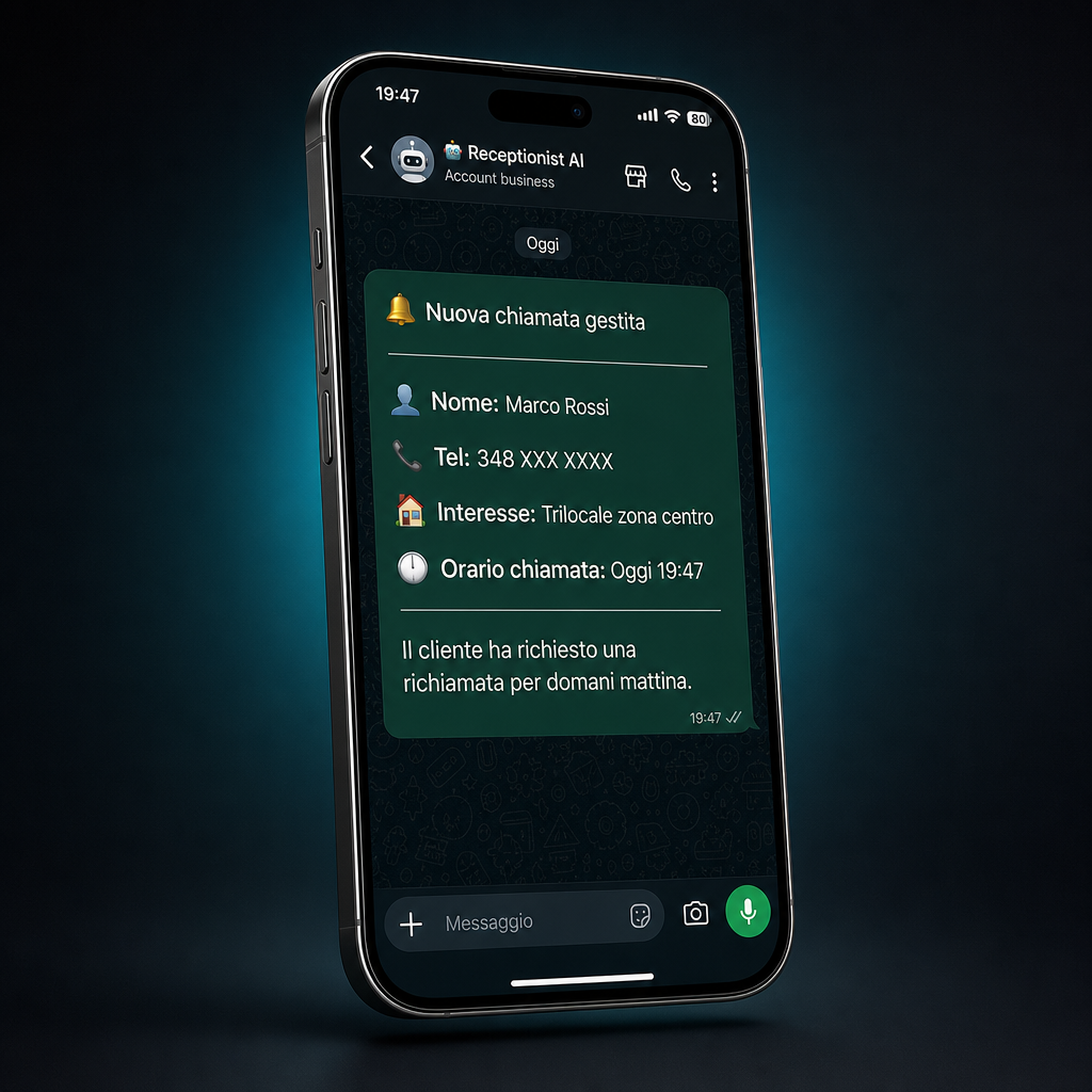 Notifica WhatsApp del Receptionist AI con i dati di una chiamata gestita