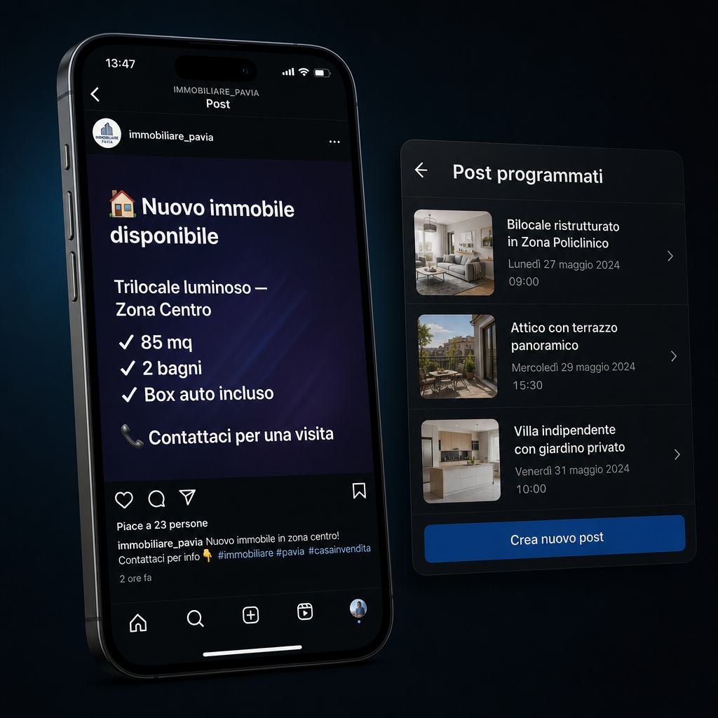 Post Instagram pubblicato da un'agenzia immobiliare e pannello con tre post programmati